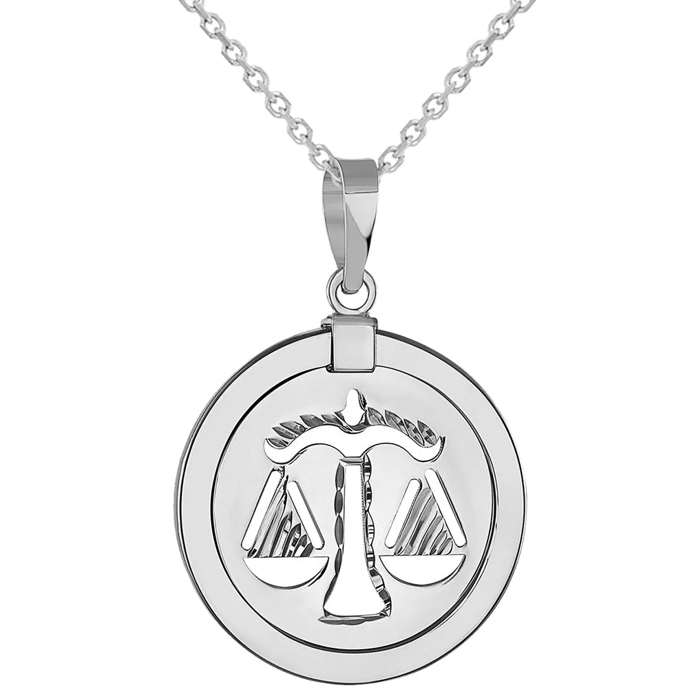 14k White Gold Round Libra Zodiac Sign Scale Medallion Pendant Necklace (Reversible)