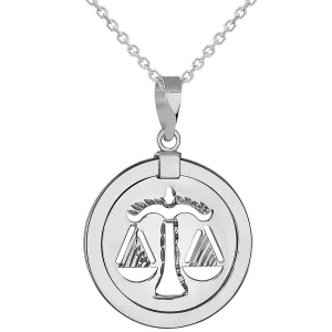 14k White Gold Round Libra Zodiac Sign Scale Medallion Pendant Necklace (Reversible)