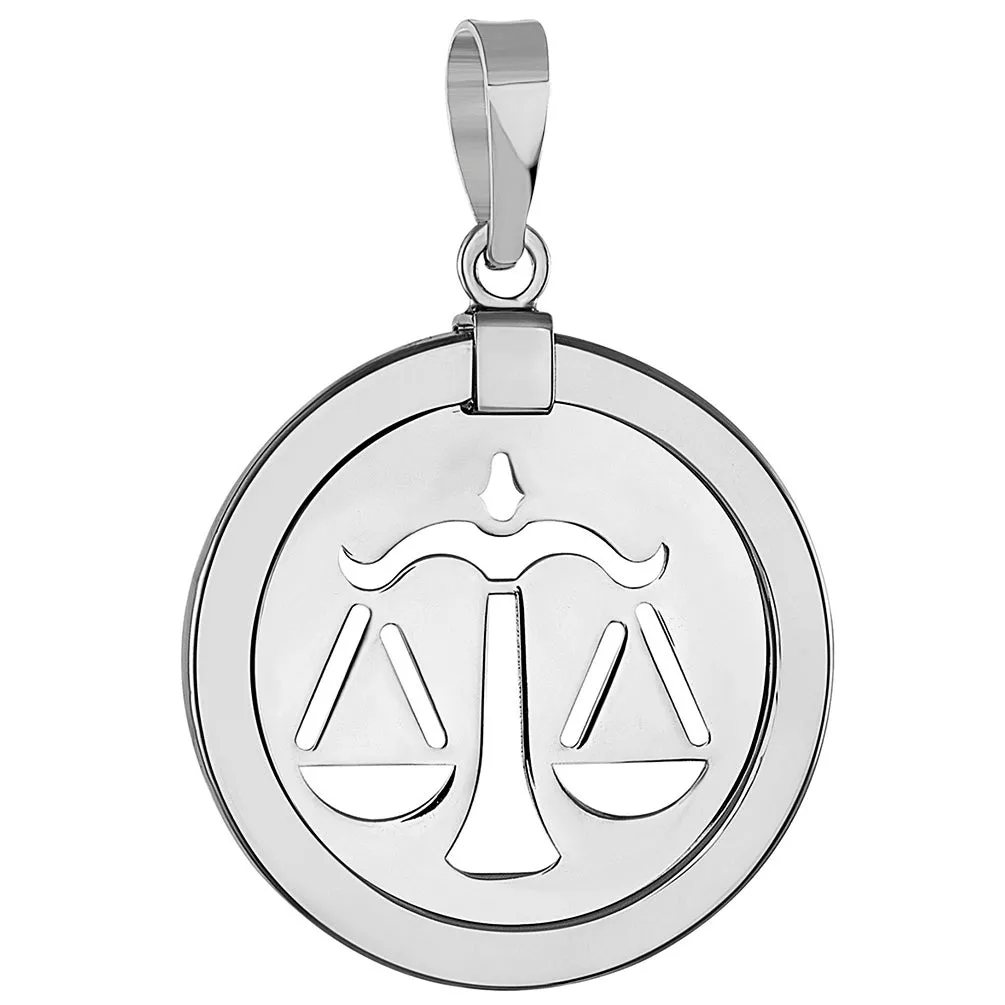 14k White Gold Round Libra Zodiac Sign Scale Medallion Pendant Necklace (Reversible)