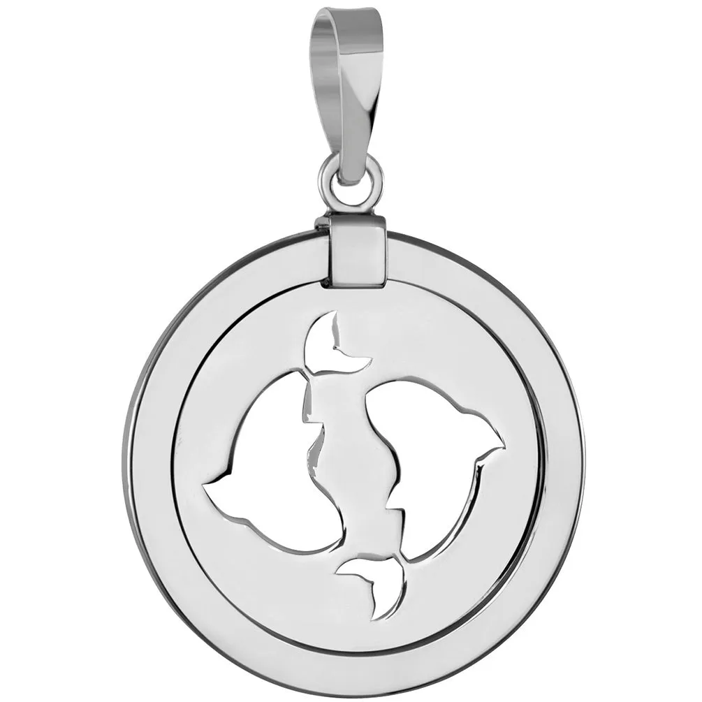 14k White Gold Round Pisces Zodiac Sign Fish Animal Medallion Pendant Necklace (Reversible)