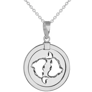 14k White Gold Round Pisces Zodiac Sign Fish Animal Medallion Pendant Necklace (Reversible)