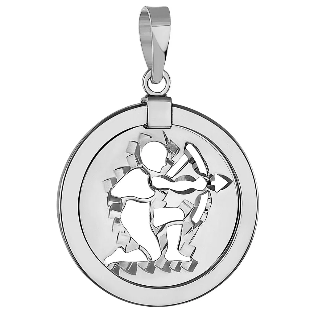 14k White Gold Round Sagittarius Zodiac Sign Archer Shooting Arrow Medallion Pendant Necklace (Reversible)