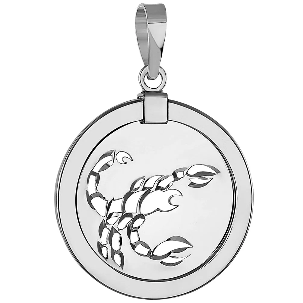 14k White Gold Round Scorpion Scorpio Zodiac Sign Medallion Pendant Necklace (Reversible)