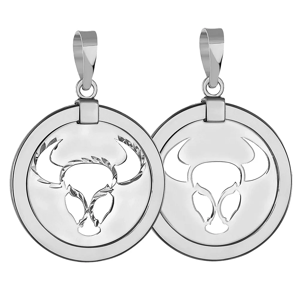 14k White Gold Round Taurus Zodiac Sign Bull Animal Medallion Pendant Necklace (Reversible)