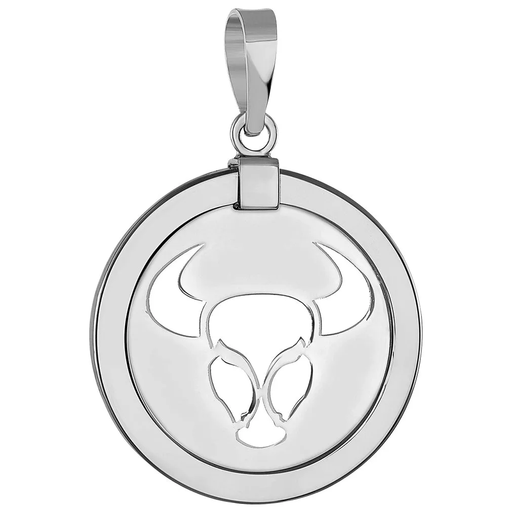 14k White Gold Round Taurus Zodiac Sign Bull Animal Medallion Pendant Necklace (Reversible)