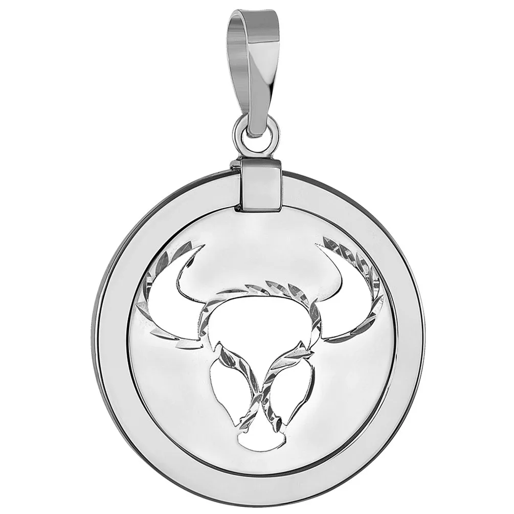 14k White Gold Round Taurus Zodiac Sign Bull Animal Medallion Pendant Necklace (Reversible)