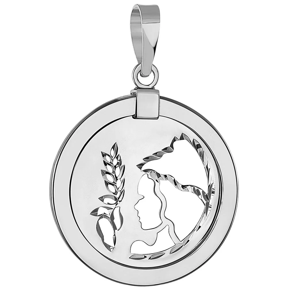 14k White Gold Round Virgo Zodiac Sign Maiden Holding Wheat Medallion Pendant Necklace (Reversible)