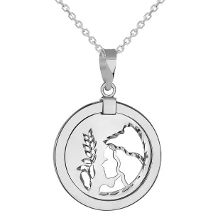 14k White Gold Round Virgo Zodiac Sign Maiden Holding Wheat Medallion Pendant Necklace (Reversible)