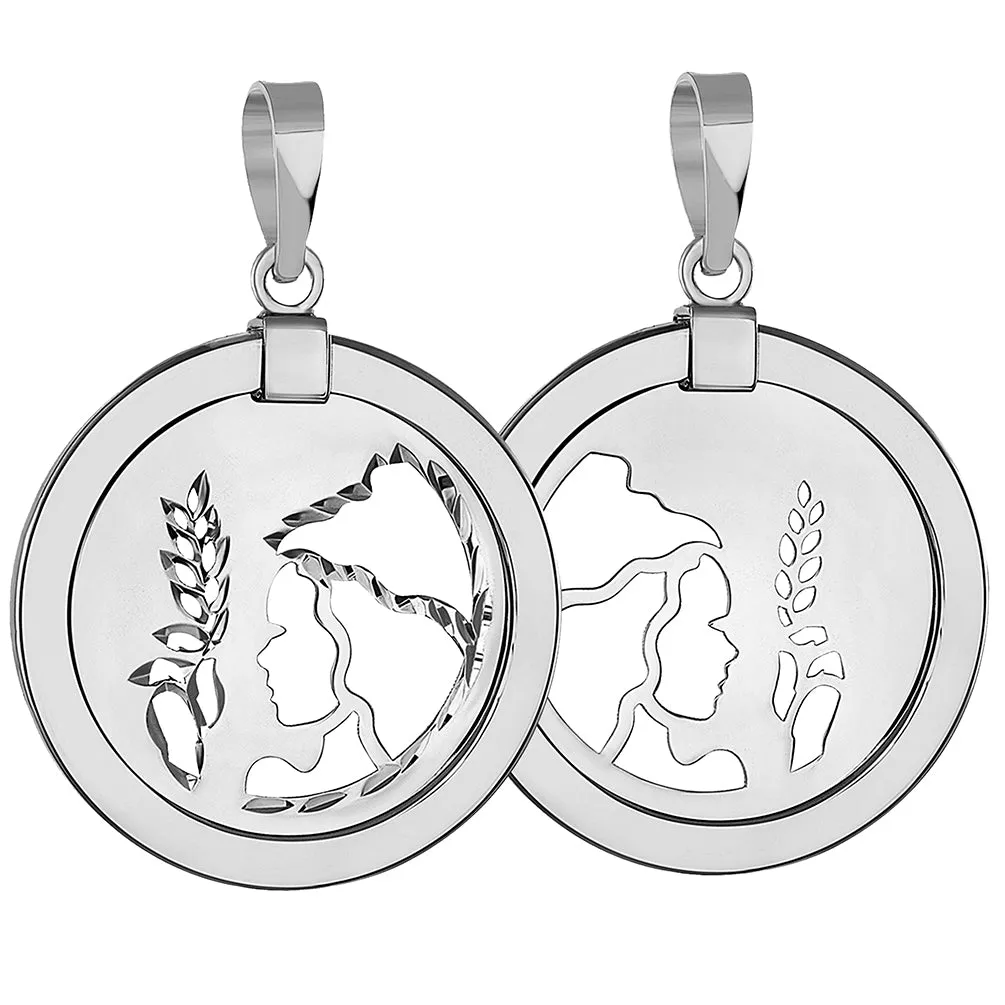 14k White Gold Round Virgo Zodiac Sign Maiden Holding Wheat Medallion Pendant Necklace (Reversible)