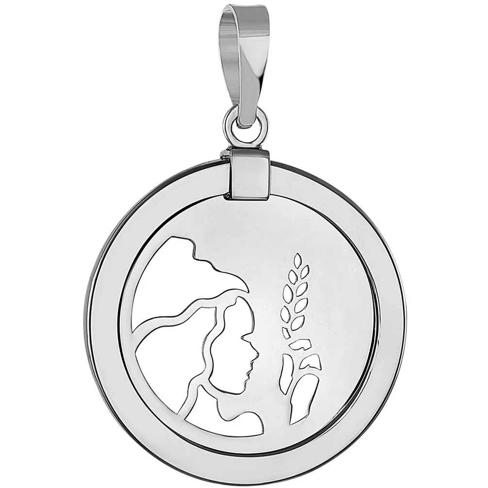 14k White Gold Round Virgo Zodiac Sign Maiden Holding Wheat Medallion Pendant Necklace (Reversible)