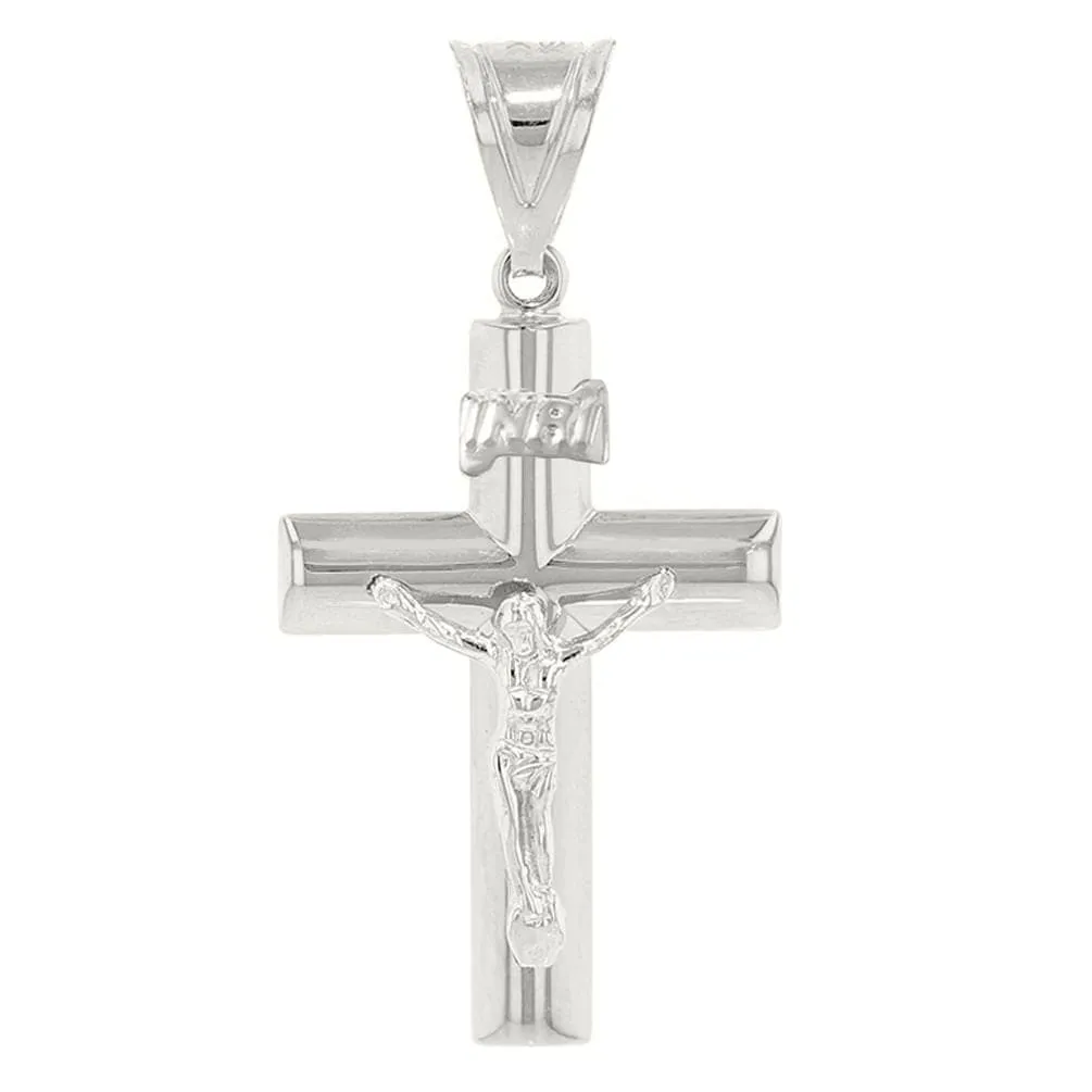 14k White Gold Simple Cross Charm Crucifix with Jesus Pendant Necklace