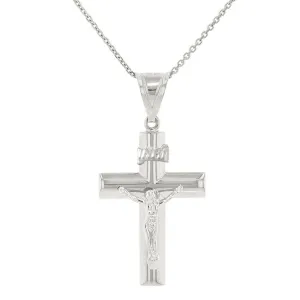 14k White Gold Simple Cross Charm Crucifix with Jesus Pendant Necklace