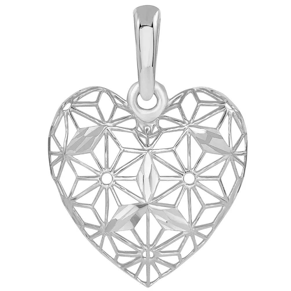 14k White Gold Textured 3D Filigree Heart Charm Pendant Necklace