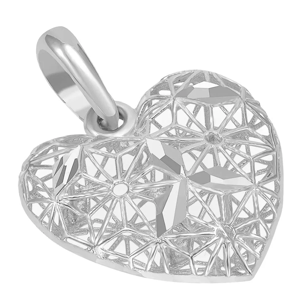 14k White Gold Textured 3D Filigree Heart Charm Pendant