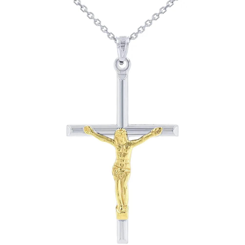 14k White Gold Two-Tone Tube Cross Charm with Jesus Crucifix Pendant Necklace