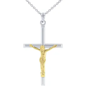 14k White Gold Two-Tone Tube Cross Charm with Jesus Crucifix Pendant Necklace