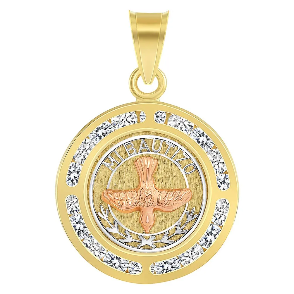 14k Yellow and Rose Gold Cubic-Zirconia Mi Bautizo Holy Spirit Dove Medallion Pendant with Cable Necklace