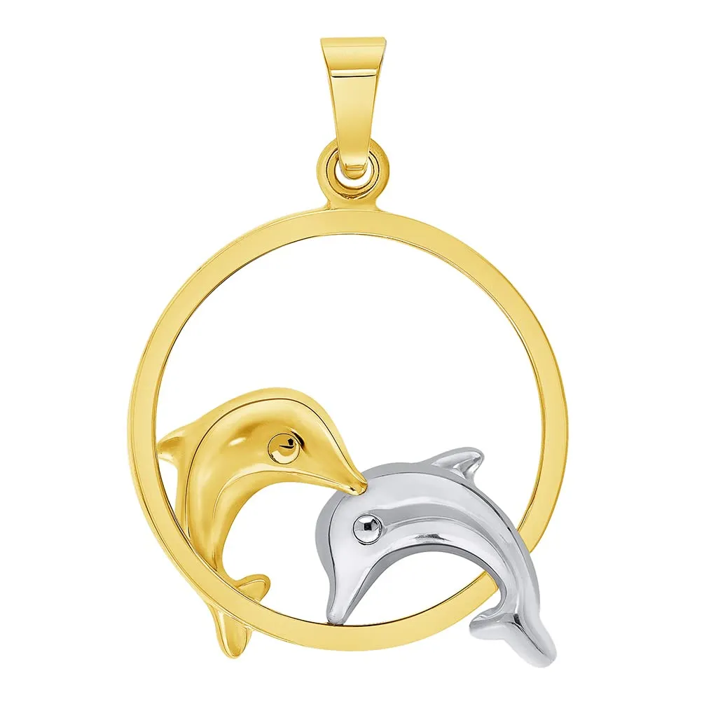 14k Yellow and White Gold Two Dolphins Jumping Through Hoop Pendant Necklace