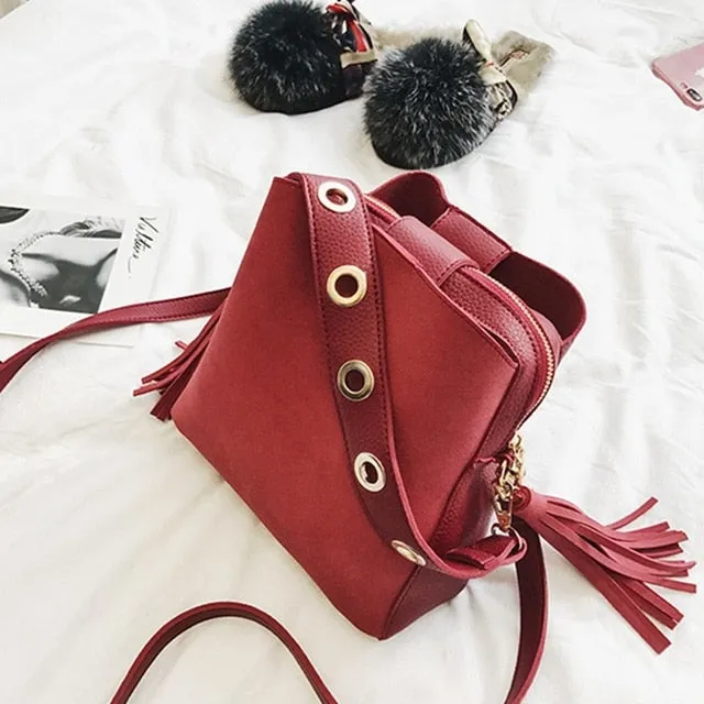 2018 Fashion Scrub Women Bucket Bag Vintage Tassel Messenger Bag High Quality Retro Shoulder Bag