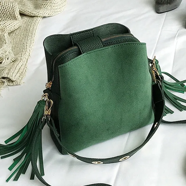 2018 Fashion Scrub Women Bucket Bag Vintage Tassel Messenger Bag High Quality Retro Shoulder Bag