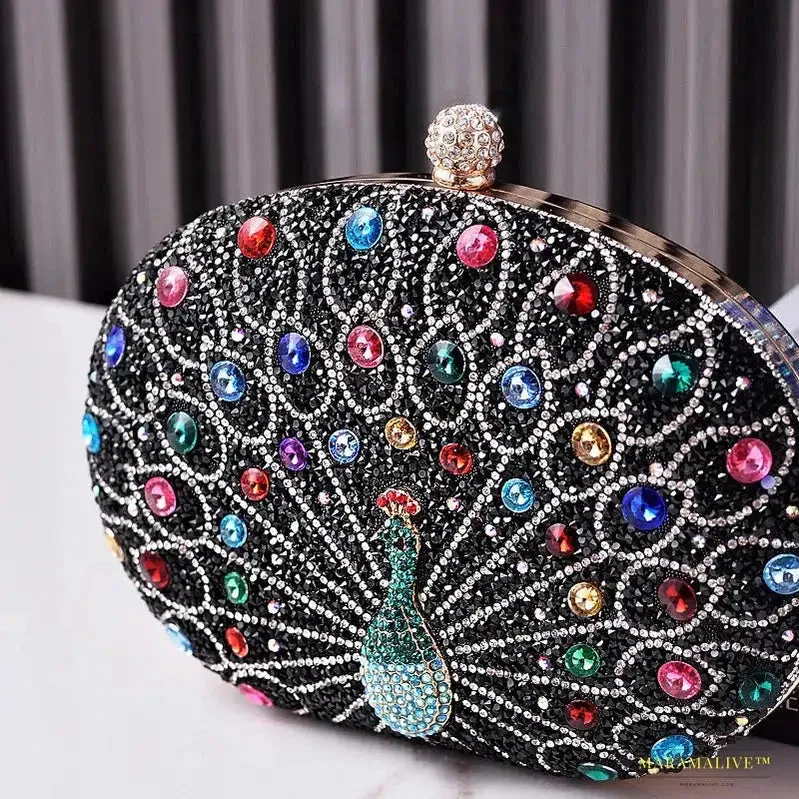 2024 Fashion Luxury Peacock Pattern Diamond Evening Bag - Unique Gothic Handbag with Rhinestone Shoulder Strap