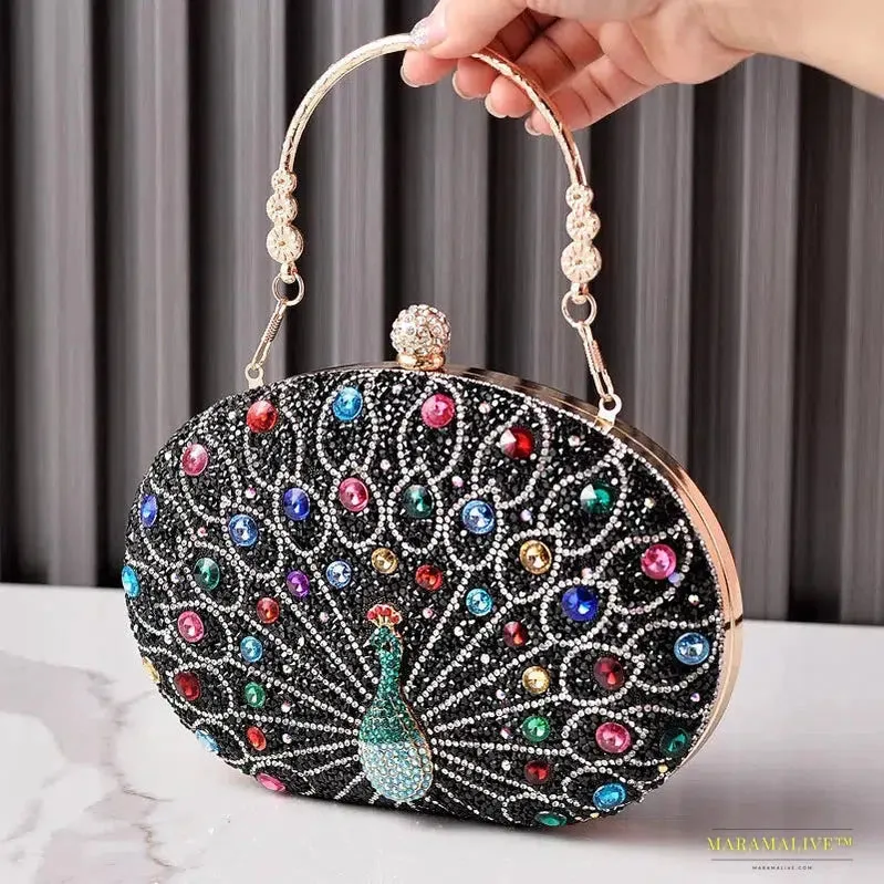 2024 Fashion Luxury Peacock Pattern Diamond Evening Bag - Unique Gothic Handbag with Rhinestone Shoulder Strap