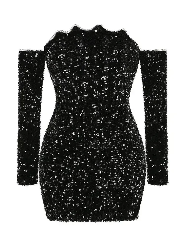 A&A Luxe Black Long Sleeve Sequin Off Shoulder Mini Dress