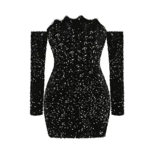 A&A Luxe Black Long Sleeve Sequin Off Shoulder Mini Dress