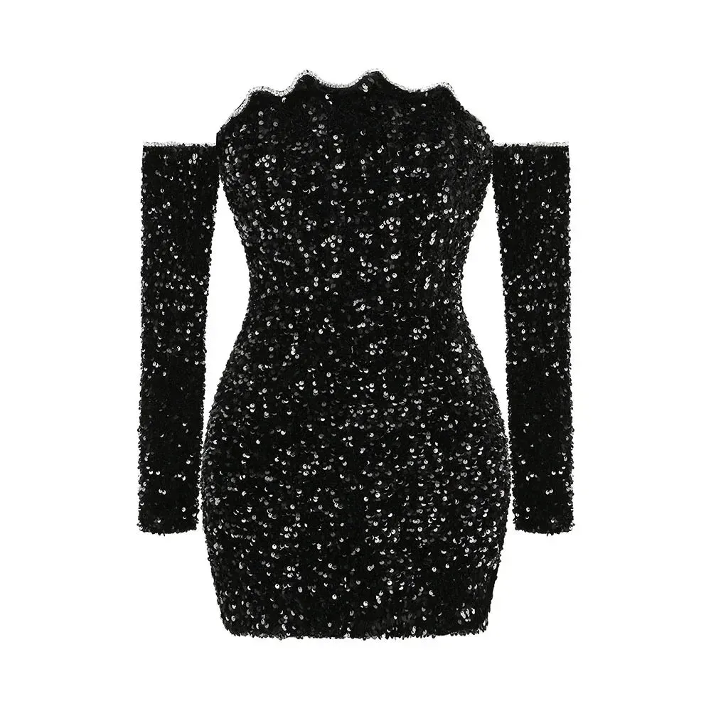 A&A Luxe Black Long Sleeve Sequin Off Shoulder Mini Dress