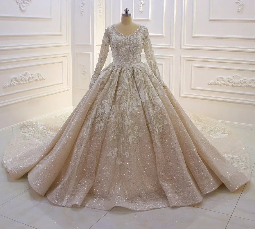 AM216 Long Sleeve Lace Appliques Sparkling Crystal Champagne Wedding Dress