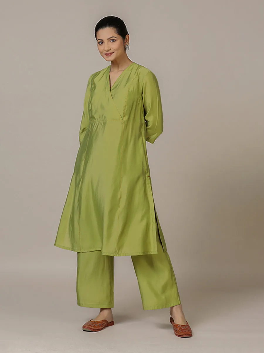 Amal x Rozaana | A Line Kurta in Pista Green with Thread Work | Coords or Only Kurta