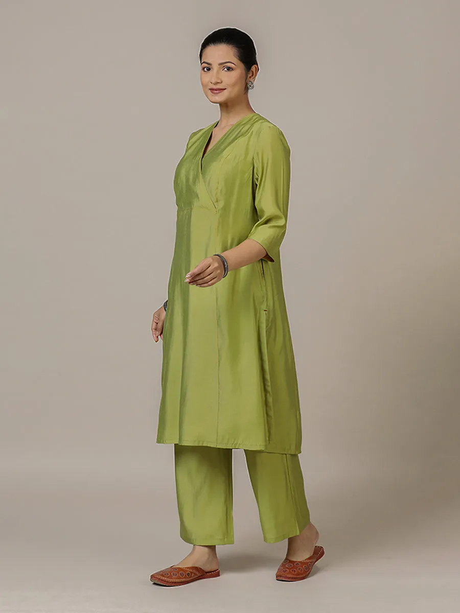 Amal x Rozaana | A Line Kurta in Pista Green with Thread Work | Coords or Only Kurta