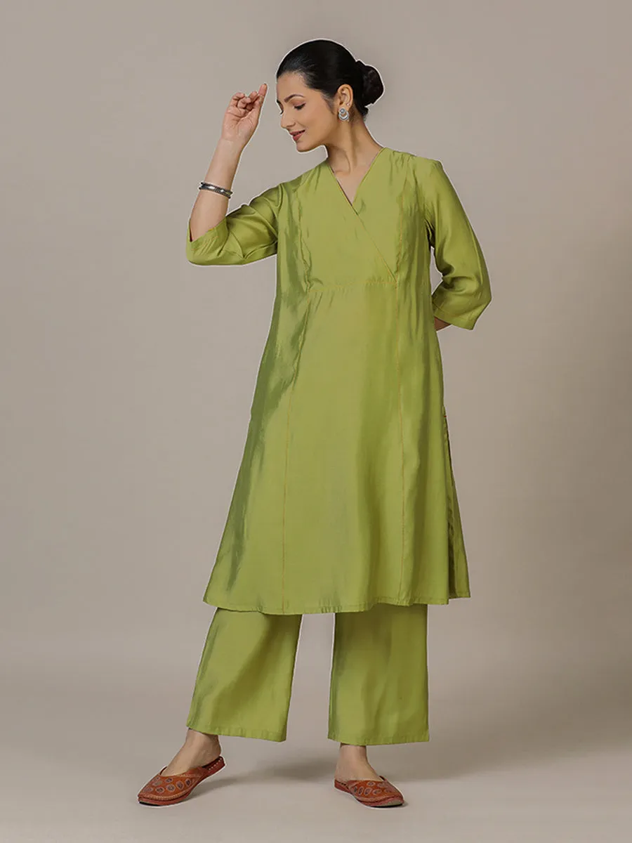 Amal x Rozaana | A Line Kurta in Pista Green with Thread Work | Coords or Only Kurta