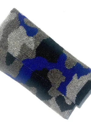 Beaded Envelope Clutch Bag Camo Blue Silver