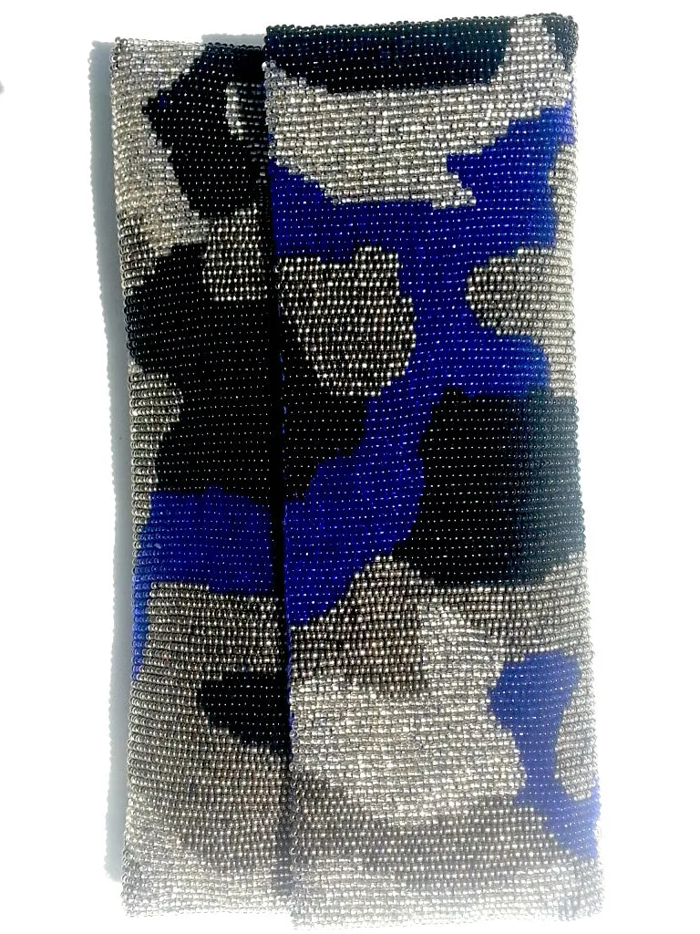 Beaded Envelope Clutch Bag Camo Blue Silver