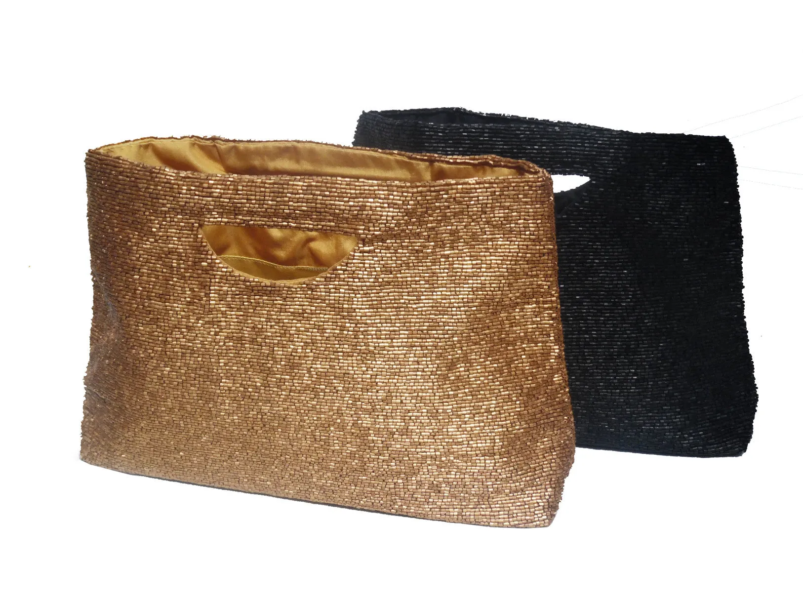 Beaded Evening Bag with Handle Matte Black or Gold 2 Sizes