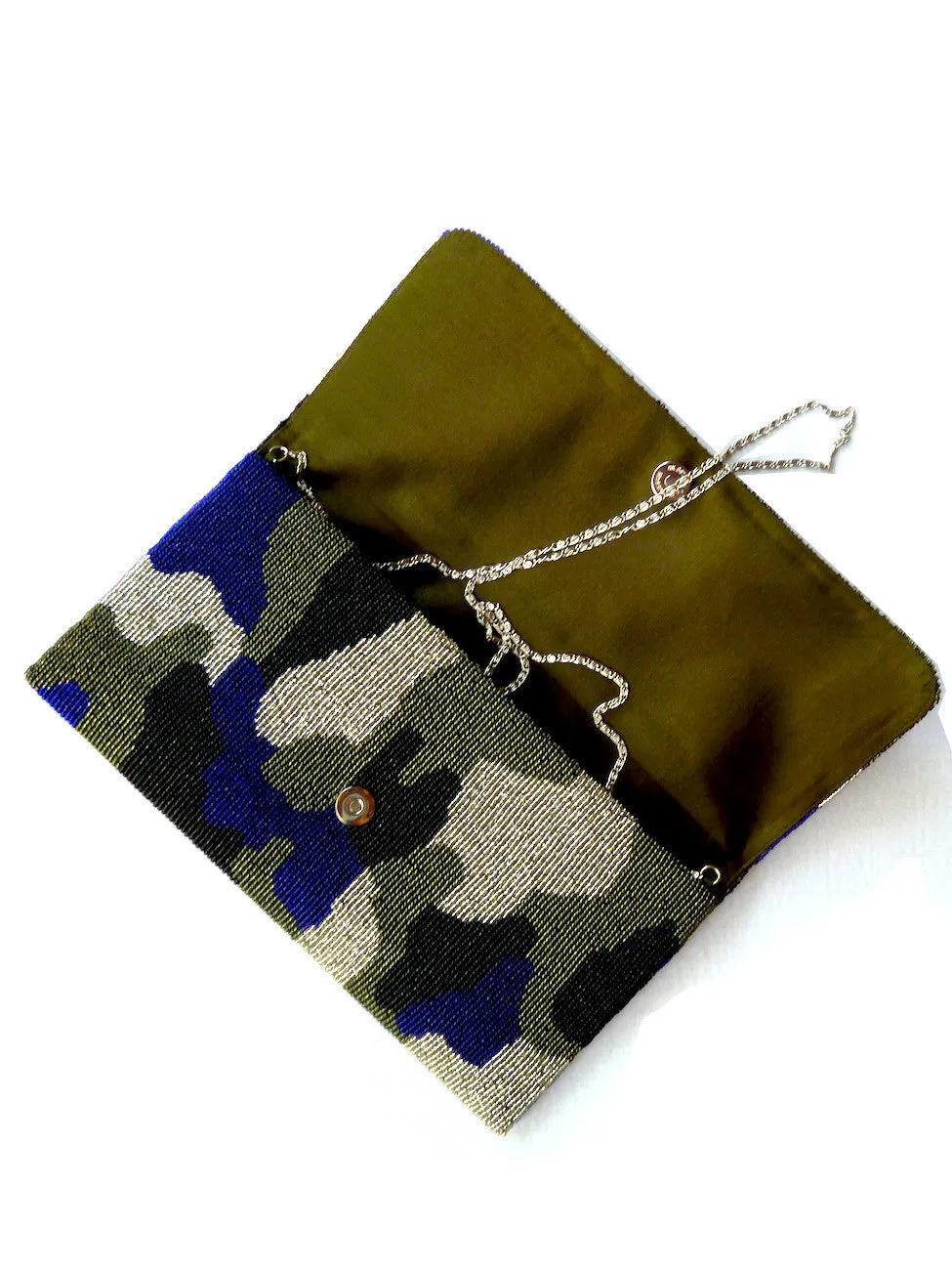 Beaded Large Envelope Clutch Bag Camouflage Gold