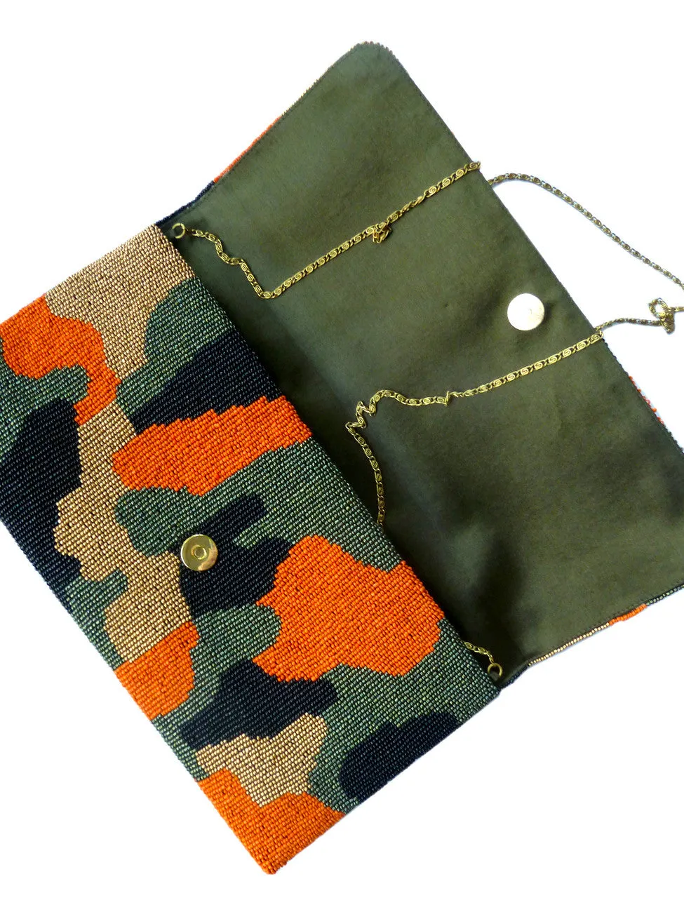 Beaded Large Envelope Clutch Bag Camouflage Orange