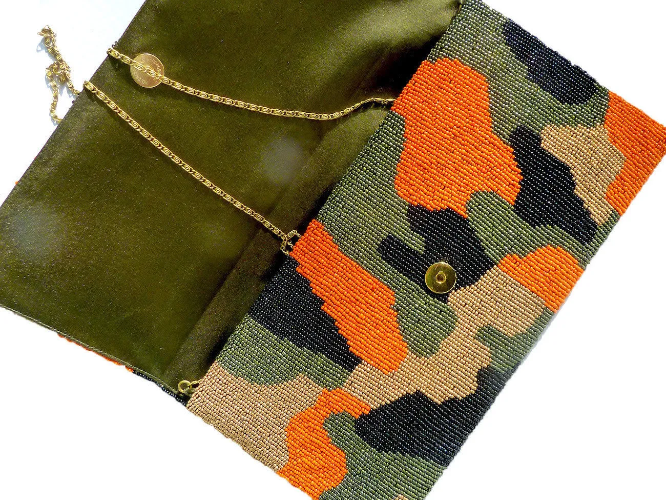 Beaded Large Envelope Clutch Bag Camouflage Orange