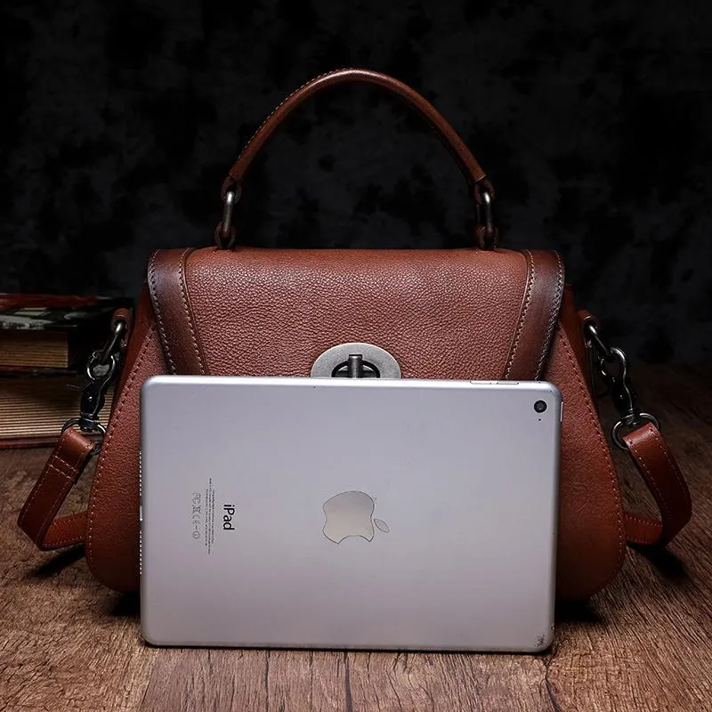 Black Geometric Vintage Womens Handbag Leather Brown Shoulder Handbag Purse