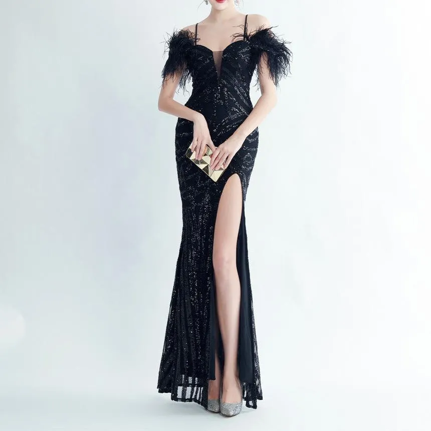 Bonnie Feathered Off Shoulder Pattern Sequined Dress