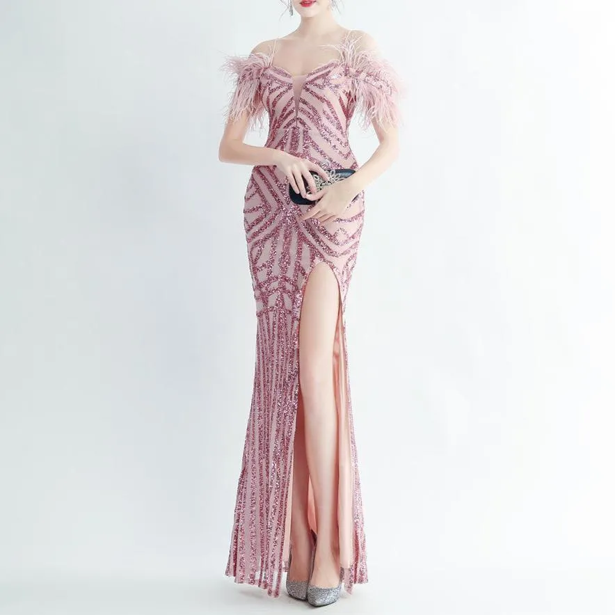 Bonnie Feathered Off Shoulder Pattern Sequined Dress