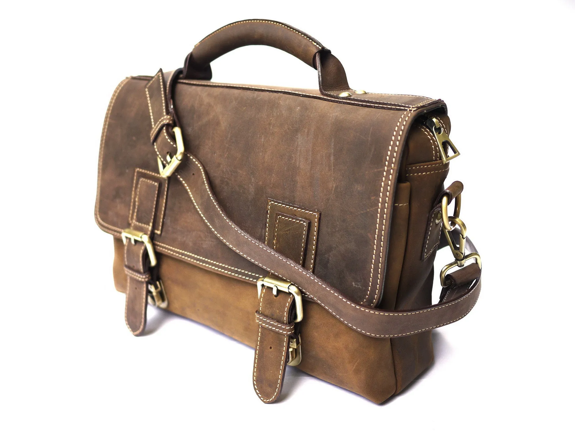 Brown Stone Leather Bag Vintage Satchel Oil Nubuck - Dark Brown