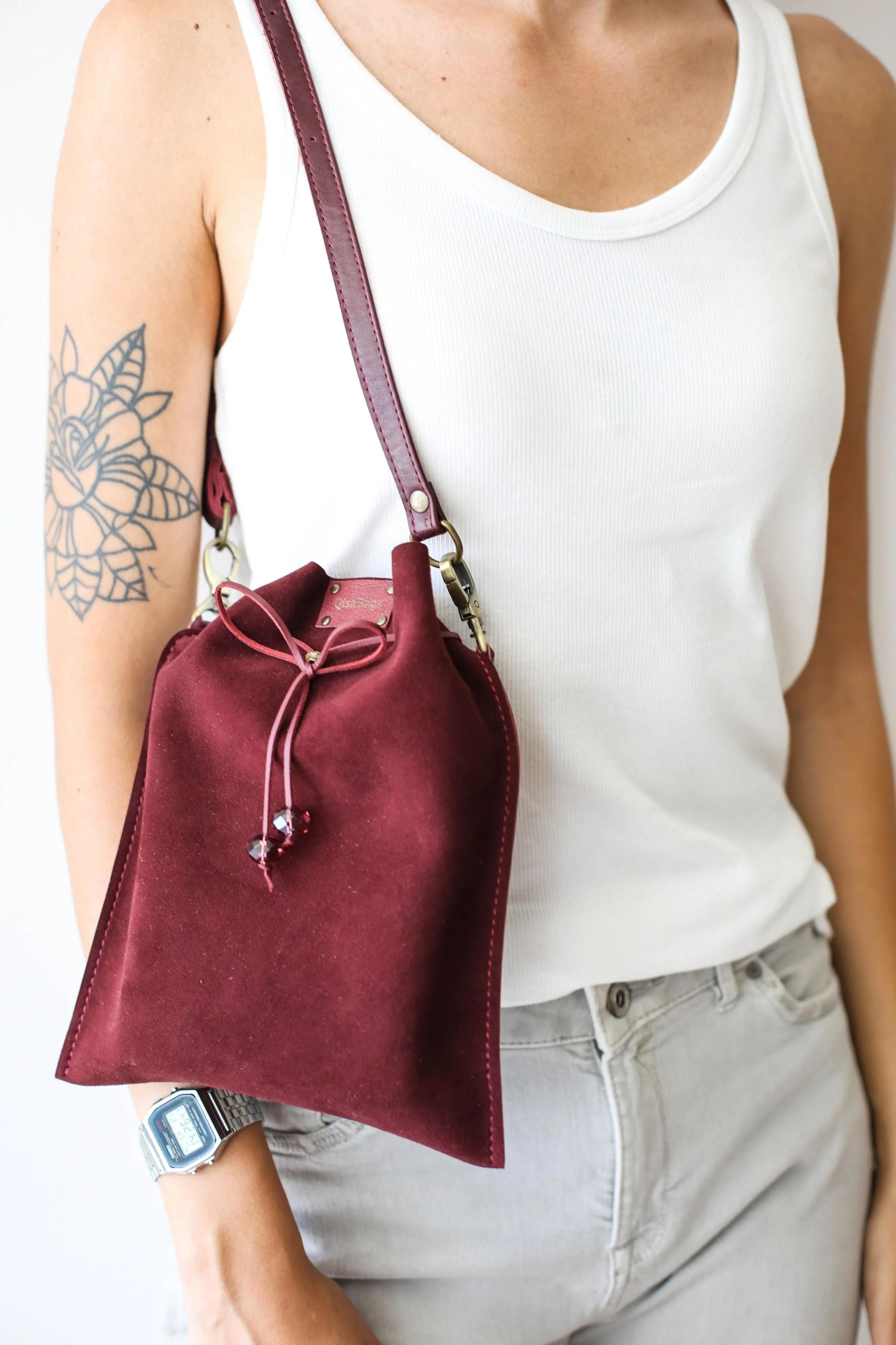 Burgundy Suede Pouch Bag