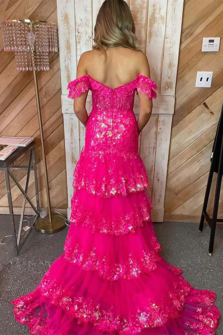 Chic Elegant Fuchsia Long Prom Dresses Gorgeous Frill Layered Gown Sequins Evening Dress lpk138