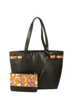 Classic Black Tote Bag With Sunshine Yellow Kalamkari Pouch