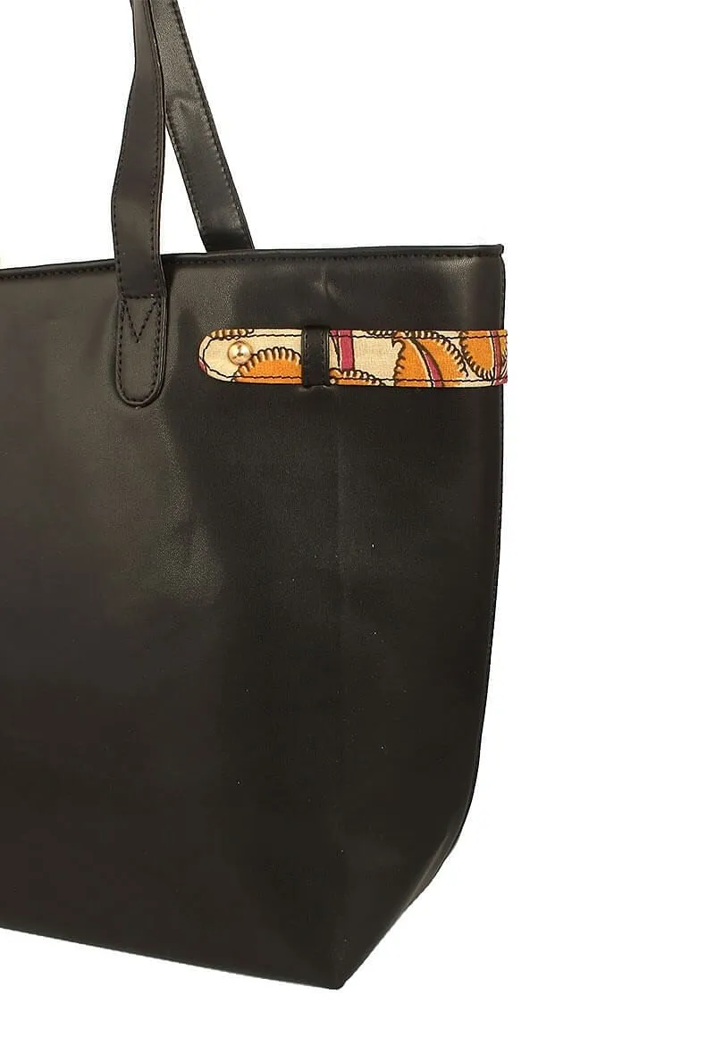 Classic Black Tote Bag With Sunshine Yellow Kalamkari Pouch