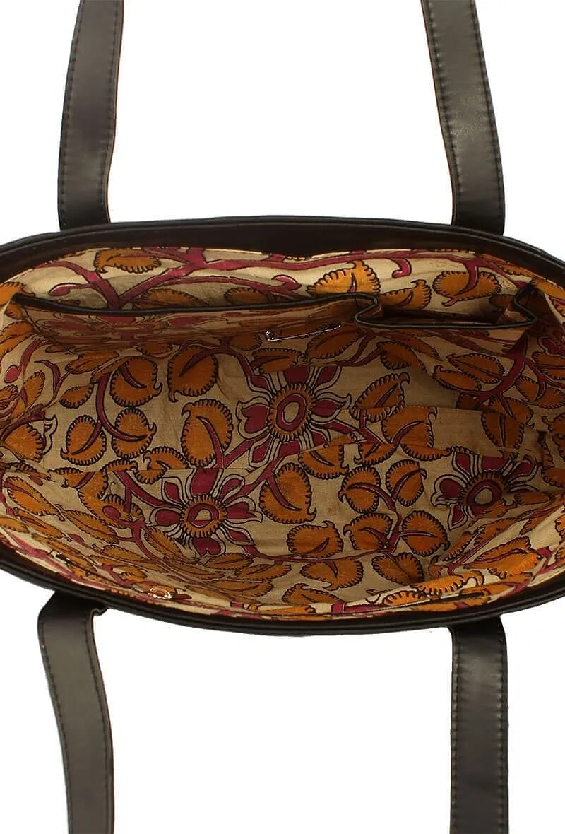 Classic Black Tote Bag With Sunshine Yellow Kalamkari Pouch