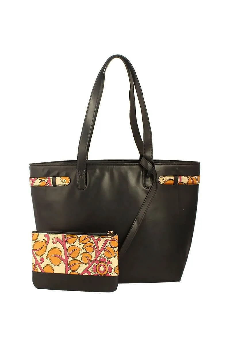 Classic Black Tote Bag With Sunshine Yellow Kalamkari Pouch