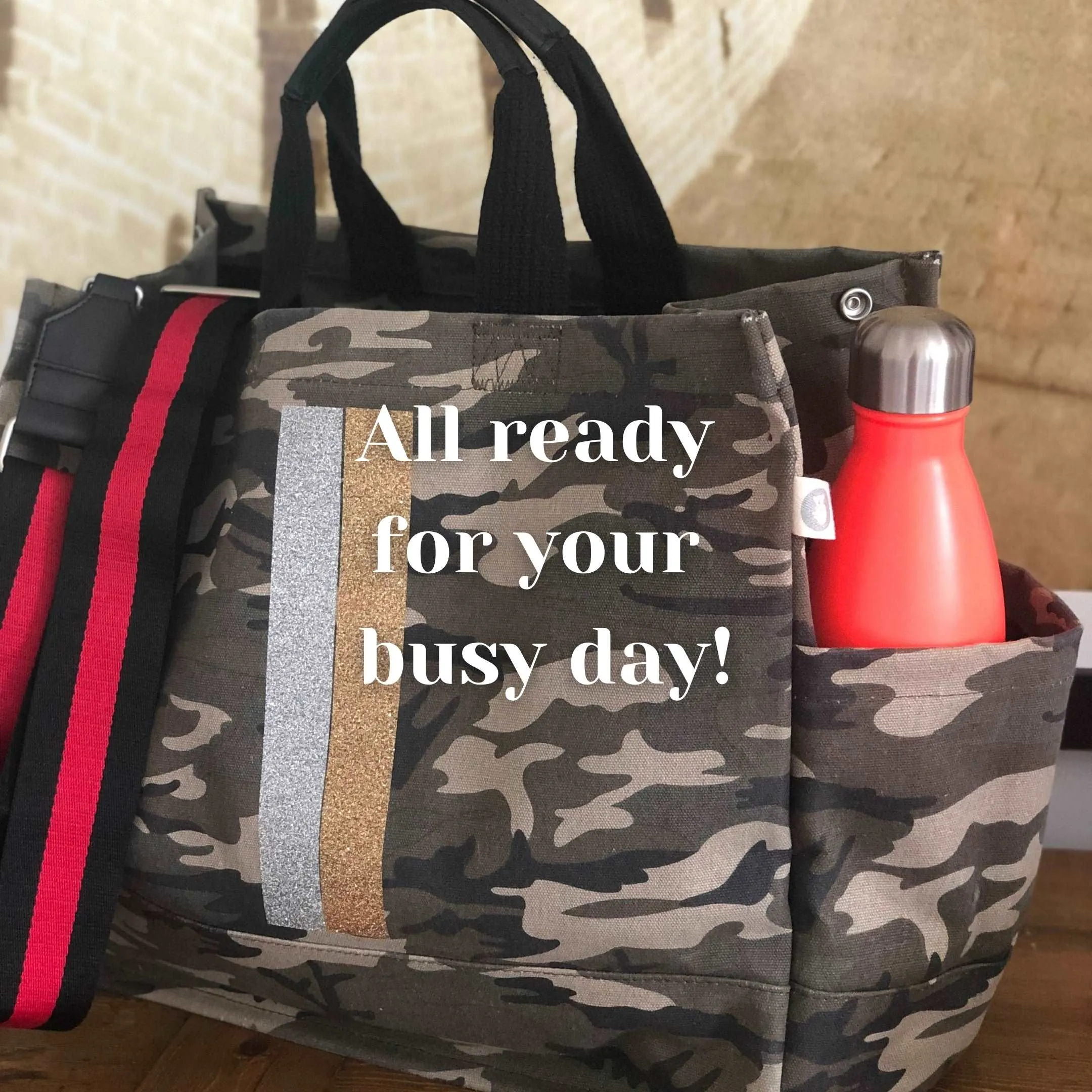 Color Stripes: Green Camo North South Bag with Stripe Strap